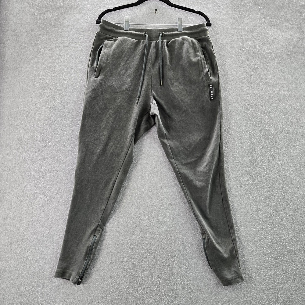 Youngla Men‎ Activewear Pants L Green Jogger Logo Zipper 25" Inseam